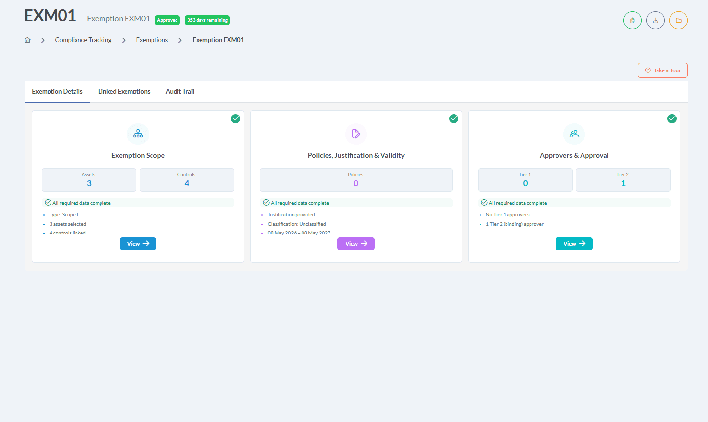 Exemption detail page for EXM01 with scope, policies/justification and validity, and approvers and approval cards each marked complete, plus tabs for linked exemptions and an audit trail.